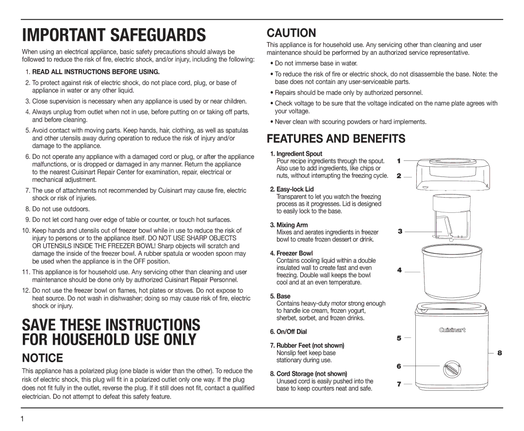 Cuisinart ICE-30BC manual FEATURES AND Benefits 